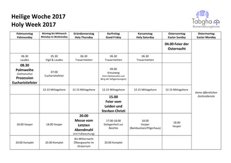 Die Heilige Woche 2017 in Tabgha: Liturgie-Übersicht.