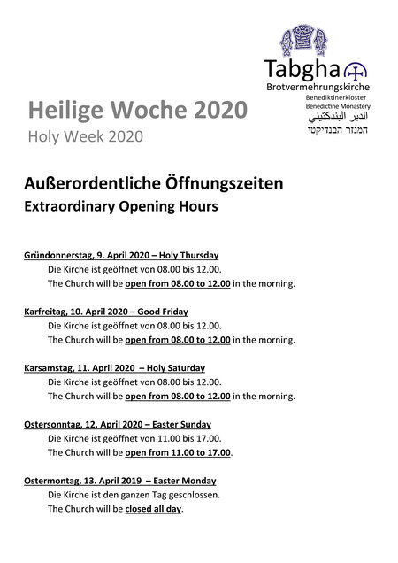 Heilige Woche 2020 in Tabgha (Öffnungszeiten)