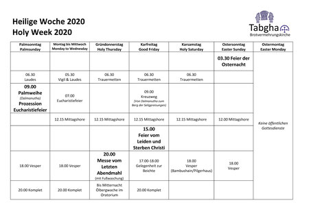 Heilige Woche 2020 in Tabgha (Liturgieübersicht)